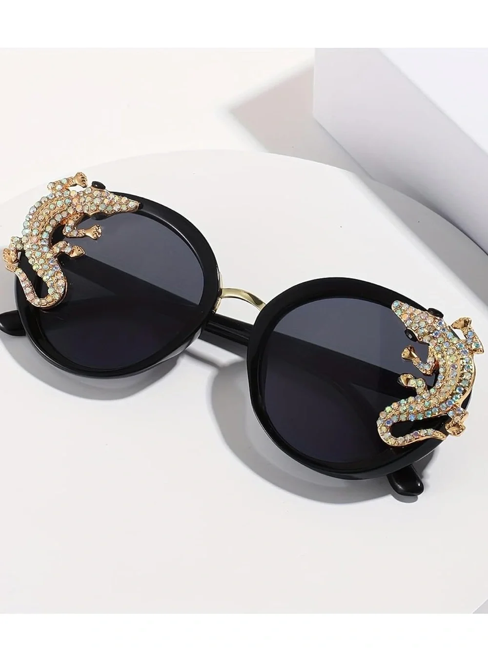 Black Round Sunglasses with Gold Snake Rhinestone Detail – Statement Eyewear